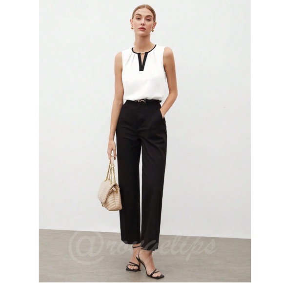 White Sleeveless Blouse Top Black V-Neck Trim Gold Embellishment Detail - Picture 3 of 11